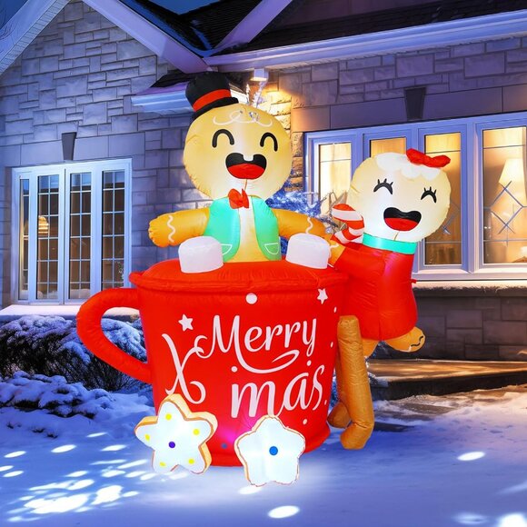 ⚡6 FT Christmas Inflatables Gingerbread Man in Hot Cocoa Mug Outdoor Decorations - Picture 3 of 7